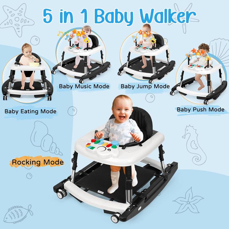 5-in-1 Foldable Baby Walker for Boys & Girls, Adjustable Height Infant Walker, Sit-to-Stand Activity Center & Learning Walker