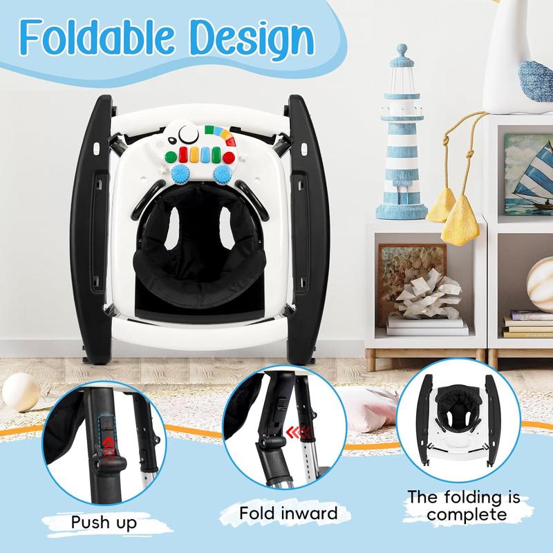 5-in-1 Foldable Baby Walker for Boys & Girls, Adjustable Height Infant Walker, Sit-to-Stand Activity Center & Learning Walker