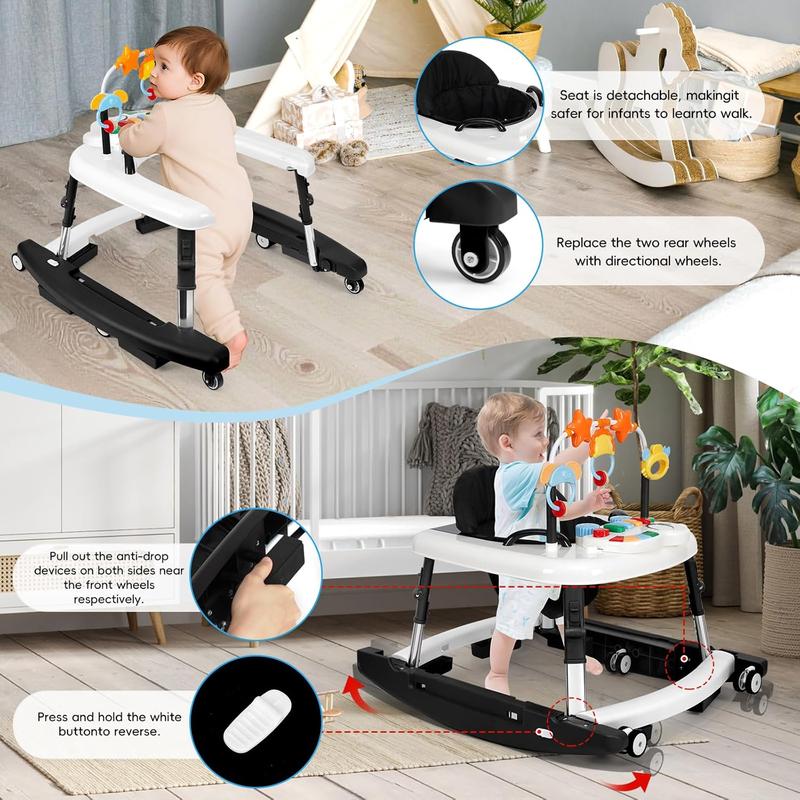 5-in-1 Foldable Baby Walker for Boys & Girls, Adjustable Height Infant Walker, Sit-to-Stand Activity Center & Learning Walker